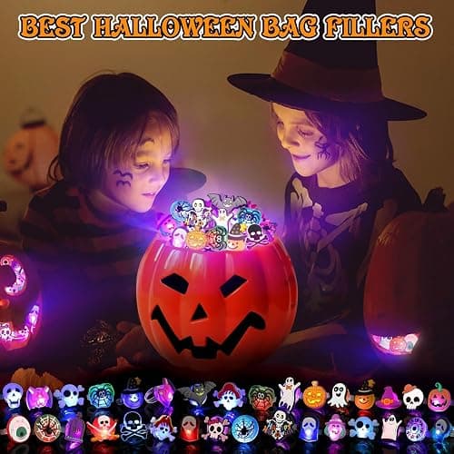 Halloween Party Favors 50Pcs Trick or Treats Halloween Toys for Kids | Halloween Party Favors for Kids & Adults, Non‑candy Gift Bag Fillers, Light Up Rings for Halloween party supplies thumbnail 5
