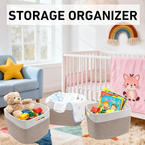 HZFTJOY 3 Pack Woven Baskets,Storage Baskets for Shelves with Handles | 13.5"×11"×9.5" Closet Baskets, Nursery Organizer for Toys Towels Books, Storage Bin for Living Room Bedroom (White&Brown) thumbnail 5