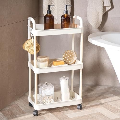 OHS 3 Tier Storage Trolley on Wheels Plastic Kitchen Trolleys for Book Beauty Rolling Storage Cart Organiser Utility Cart for Living Room Bathroom Office, Cream - Image 1