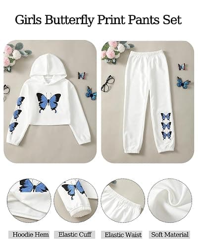 YOURUIKEY Girls' Clothing Set Butterfly Print Crop Top Hoodies Sweatpants 2 Piece Outfits Kids Sweatsuit Tracksuit Jogger Set thumbnail 6