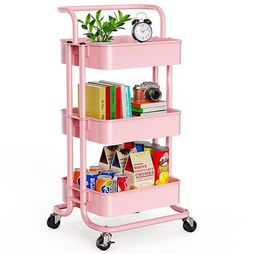 Pipishell 3 Tier Mesh Utility Cart, Rolling Metal Organization Cart with Handle and Lockable Wheels, Multifunctional Storage Shelves for Kitchen Living Room Office Pink - Image 1