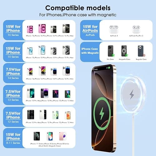 [Apple MFi Certified]10FT Magnetic Wireless Charger for iPhone 17 16,Apple Fast Mag-Safe Charger 15W Fast Wireless Charging Pad for iPhone 17/17 Air/17 Pro/17 Pro Max/16/15/14/13/12 Series,AirPods 3/2 thumbnail 3