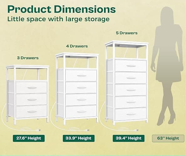 Huuger White Dresser with 5 Drawers & Charging Station, Tall Dresser for Bedroom, Tall Night Stand with PU Leather Finish, Open Shelf, Nightstand for Bedroom, Closet, Hallway, Entryway thumbnail 5
