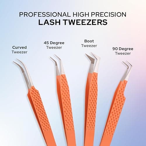 M LASH Tweezers for Eyelash Extensions (Set of 4) - Professional Lash Extension Tweezers - Fiber Tip, Japanese Steel, Diamond Grip Eyelash Extension Tweezer set (White) thumbnail 8