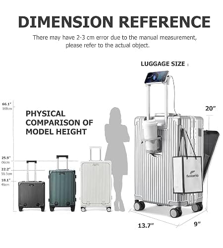feilario 20in Aluminium Frame PC Hard Shell Spinner Wheels Luggage, Built-In TSA lock Carry on Suitcase, with Cup Holder, USB Port, Phone Holder thumbnail 4