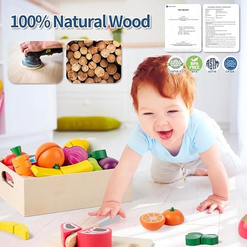 32 Pcs Wooden Play Food Sets for Kids Kitchen Accessories, Montessori Educational Toys Food, Pretend Play Food for Toddlers, Velcro Fruits and Vegetables Cutting Set for Kids Boys Girls thumbnail 5