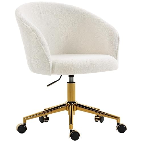 HOMCOM Swivel Office Chair, Teddy Fleece Upholstered Vanity Desk Chair with Adjustable Height, Rolling Wheels for Office, Makeup, Dressing Table, Cream White - Image 1