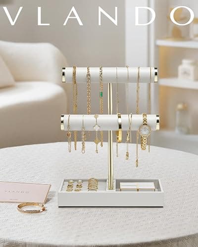 Vlando 2 Tier Bracelet Holder Organizer with Tray - Leather Jewelry Stand Organizer for Women - Jewelry Holder Display for Necklace, Watches, Rings, Earrings, Bangle, Scrunchie - White thumbnail 6