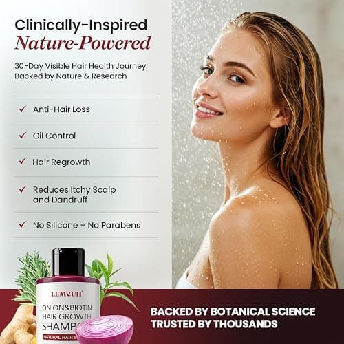 Onion & Biotin Hair Growth Shampoo: Infused With Natural Rosemary Tea Tree Anti Hair Loss Shampoo - Scalp Smooths Thickening Formula Support Hair Regrowth For Women Men 12.5Fl Oz thumbnail 2