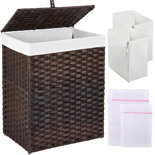 Greenstell Laundry Hamper with Lid, 90L Clothes Hamper with 2 Removable Liner Bags & 2 Mesh Laundry Bags, Handwoven Synthetic Rattan Laundry Basket for Clothes, Toys in Bathroom, Bedroom Brown - Image 1