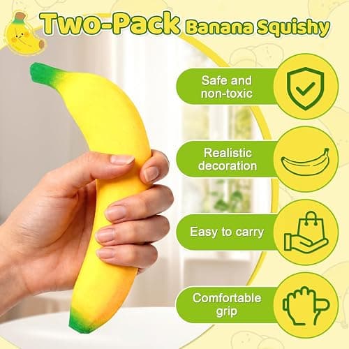 2Pcs Banana Squishy, Soft PU Foam Squeeze Fidget Set with Big & Mini Bananas, Fake Fruit Squishies for Stress Relief, Cute Novelty Gift for Adults Office Home Decor thumbnail 4