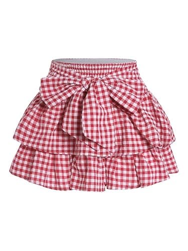 BEAUDRM Women's Y2k Gingham Ruffle Skirt Bow Cute Layered Skort | Plaid Skirt, Pleated, Tiered, A-Line, Rave, Festival, Party, Country Concert Outfits - Image 1