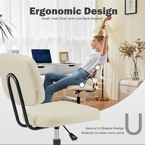 NEWBULIG Armless Small Office Desk Chair with Low Back Lumbar Support, PU Leather Computer Vanity Chair with 360° Swivel Rolling Wheels, Height Adjustable Task Chair for Small Space, Beige thumbnail 3