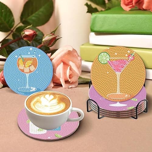 8Pcs Diamond Painting Coasters with Holder,DIY Cocktail Life Coaster Diamond Art Kits for Adults Kids,Beginners Round Full Drill Diamond Art Craft Supplies thumbnail 3