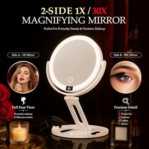 Travel Makeup Mirror with Lights, 1X/30X Double-Sided Magnifying Mirror | Velmelle Foldable Lighted Makeup Mirror with 2000mAh Battery, 3 Lighting Modes, Dimmable Touch Screen & Smart Display thumbnail 6