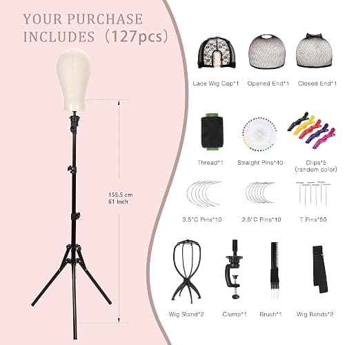 Demides 22" Canvas Wig Head Set with 61" Adjustable Tripod Stand | Durable canvas head,compatible with wig stands and clamps,ideal for wig making,customization,styling,training and display thumbnail 2