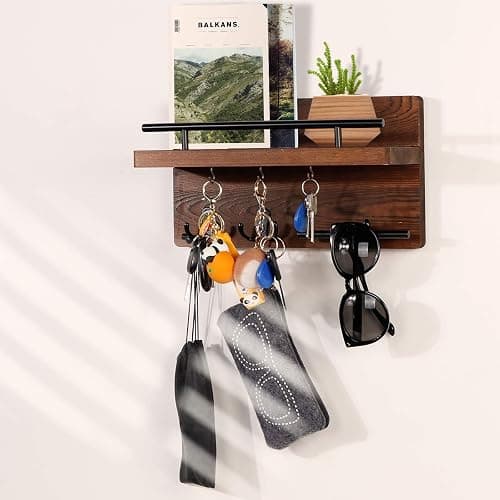 OurWarm Wall Mounted Key Holder/Hangers for Wall Decorative with 5 Key Hooks, Wooden Mail Rack Organizer with Shelf, Rustic Home Decor for Entryway Mudroom Hallway Office, Brown thumbnail 2