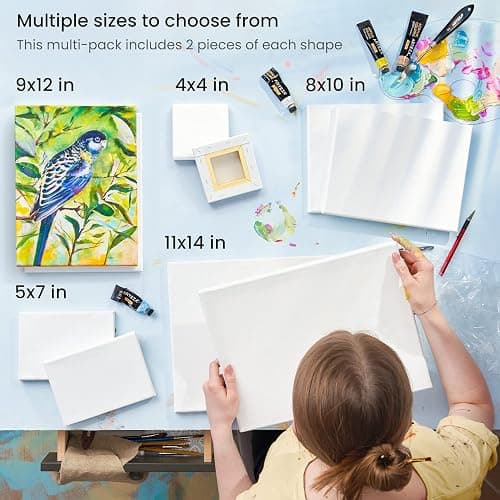 ARTEZA Stretched Canvas Multipack of 10 – 4x4, 5x7, 8x10, 9x12, 11x14 Inch Blank White Canvases for Acrylic, Oil, Gouache – Cotton, Pre-Primed thumbnail 3