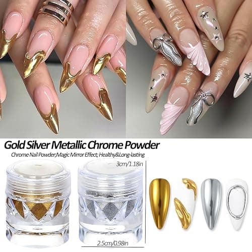 SUTOZMIWE Chrome Nail Powder Metallic Gold And Silver, Magic Mirror Effect Pigment Glitter Rubbing Dust, 3D Carving Nail Molding Gel & Holographic Dip Nail Powder Kit for Nail Decor Home Manicure DIY thumbnail 5