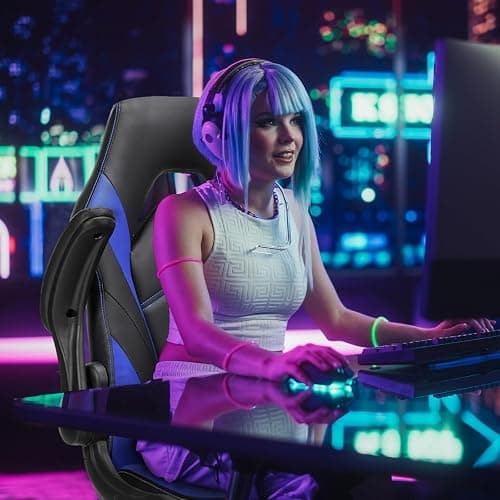 Sweetcrispy Computer Gaming Desk Chair - Ergonomic Office Executive Adjustable Swivel Task PU Leather Racing Chair with Flip-up Armrest for Adults, Kids, Men, Girls, Gamer, Black Blue thumbnail 5