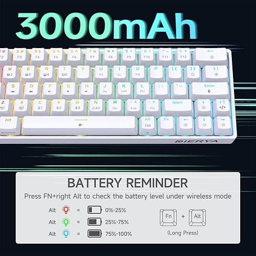 DIERYA DK63 60% Wireless Mechanical Gaming Keyboard | Bluetooth/2.4G/Wired | RGB Backlit | Anti-Ghosting Compact 63-Keys Mini Keyboard | with Red Switch | for Windows Laptop PC Gamer Typist-White thumbnail 6