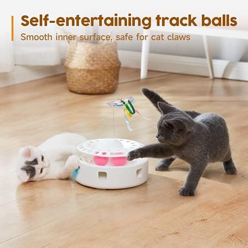 Potaroma Cat Toys 3in1 Automatic Interactive Kitten Toy, Fluttering Butterfly, Moving Feather, Track Balls, Dual Power Supplies, USB Powered, Indoor Exercise Kicker (Bright White) thumbnail 5