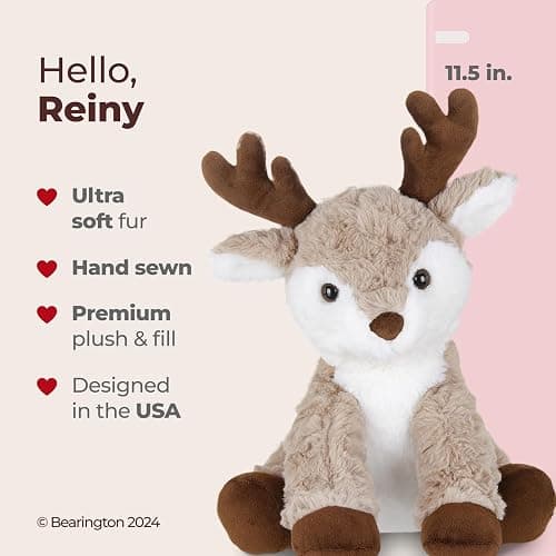 Bearington Reiny Christmas Reindeer Stuffed Animal - 11.5" Soft Christmas Reindeer Plush Toy with Scruffy Fur and Huggable Body - Adorable Deer Plushies for Kids, Toddlers, and Teens thumbnail 2