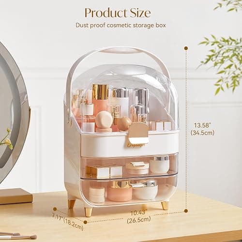 BTGGG Makeup Organizers, Make Up Organizer for Vanity, Countertop Cosmetic Storage with Drawers and Transparent Cover for Bedroom Bathroom, Pearl White thumbnail 2