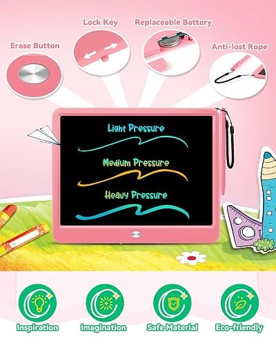 KOKODI 12 Inch LCD Writing Tablet with Anti-Lost Stylus, Erasable Doodle Board Colorful Toddler Drawing Pad, Car Travel School Games Toys for 3 4 5 6 7 8 Kids, Birthday Gift for Girls Boys Adults Pink thumbnail 5