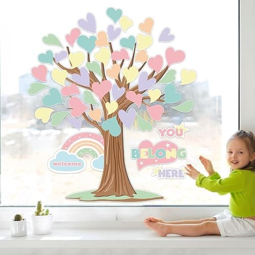 Pastel Tree Bulletin Board Classroom Decoration Spring Welcome Back to School Bulletin Board Sets You Belong Here Heart Rainbow Cutouts for Teacher School Nursery Home Classroom Chalkboard Wall Decor thumbnail 5