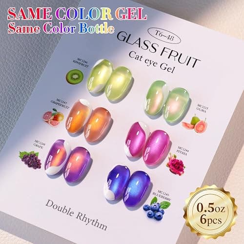 Double Rhythm Fruit Cat Eye Gel Nail Polish Set of 6 Same Color Same Bottle 0.5 Oz Shimmer Glitter with Magnet Holographic Reflective Magnetic UV Polish Kit at Home (Glass Rose Pink Green-T6-48) thumbnail 7