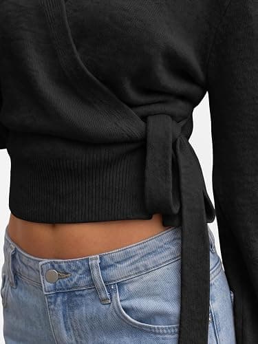 Trendy Queen Womens Wrap Cropped Open Front Pullover Sweater Tops 2026 | Lightweight Soft Knit, Adjustable Side Tie, Easy Layering Piece, Fall Fashion Staple thumbnail 5