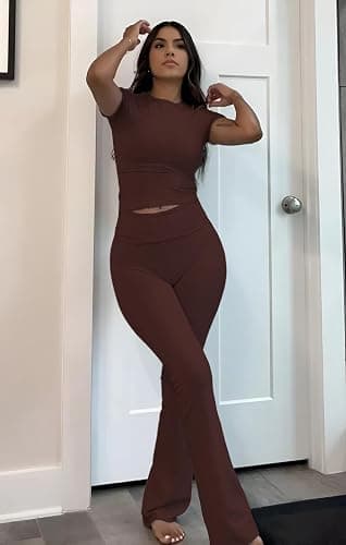 YETOWA Women's 2 Piece Lounge Outfits Slim Short Sleeve Tops Low Rise Flare Leggings Sets Yoga Sweatsuit thumbnail 6