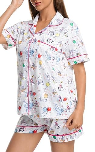 Womens Pajamas Set Button Down 2 Piece Cute Monkey Bunny Y2k Preppy Heart Pjs Sets Lounge Comfy Sleepwear thumbnail 7
