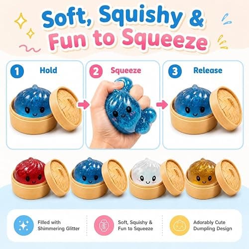 4Pcs Mini Glitter Dumpling Squishy, 2026 Upgrade Glitter Dumpling Squishy Mystery Box, Colorful Dumplings Stress Balls Fidget Sensory Toy, Stocking Stuffers with Food Steamer Stretchy Desk Toys thumbnail 5