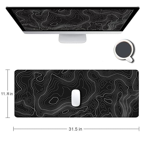 SANWUMIAN Gaming Mouse Pad, Large Topographic Mouse Pads for Desk, Non-Slip Rubber Base Mousepad, Keyboard Mouse Mat, Desk Pad with Stitched Edges, 31.5x11.8inch, Black Geographic Lines thumbnail 2