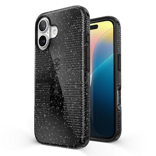 Speck CandyShell Grip iPhone 16 Case - Slim MagSafe - Black Glitter/Steel Black - Image 1