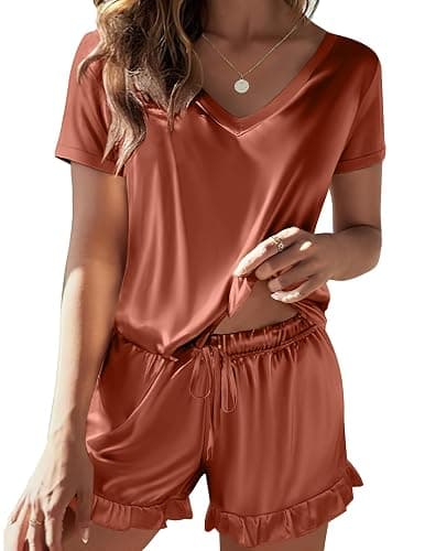 Ekouaer Satin Pajamas for Women Short Sleeve Silk Sleepwear 2 Piece Pjs Set with Ruffled Shorts Casual Loungewear - Brown - Small - Image 1