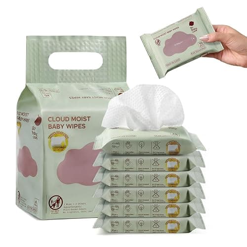 Bc Babycare Cloud Moist Baby Travel Wipes, 6 Pack, On The Go Pocket Size, Ultra Thick, 99% Water, Unscented, Hypoallergenic for Sensitive Skin, Biodegradable - Image 1