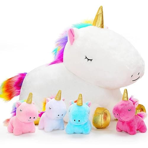 KMUYSL Toys for Girls Ages 3 4 5 6 7 8+ Years - Unicorn Mommy Stuffed Animal with 4 Baby Unicorns in Her Tummy, Soft Unicorn Plush Toys Set, Christmas Birthday Gifts for Baby, Toddler, Kids - Unicorn Stuffed Animal Set 1 - Image 1