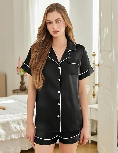 SHEFOTY Silk Pajamas for Women Short Sleeve Sleepwear Soft Button Down Loungewear 2 Piece Satin Pjs Shorts Set S-XXL thumbnail 2