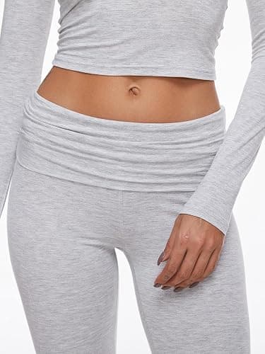 AnotherChill Women's 2 Piece Lounge Sets Fold-over Flare Pants Set Long Sleeve Cropped Top Casual Outfits Pajamas thumbnail 5