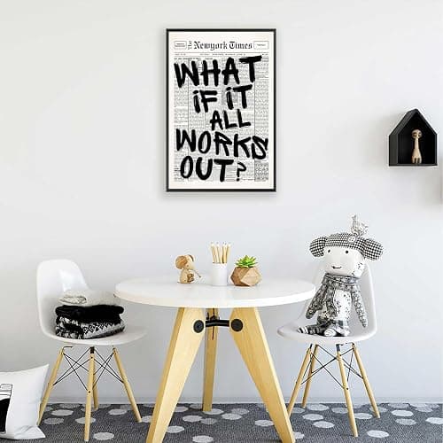 Retro Black And White Newspaper Poster What If It All Works Out Canvas Wall Art Positive Affirming Quote Minimalist Prints Painting For Home Bedroom Dorm Wall Decor 12x16in Framed thumbnail 5