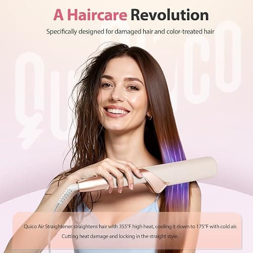 Quico Air Hair Straightener, Airflow Straightener 100-240V Dual Voltage | Air Straight with High-Speed Airflow 5 Temps, 2-in-1 Flat Iron and Hair Blow Dryer Straightener, Less Heat Damage, Pink thumbnail 2