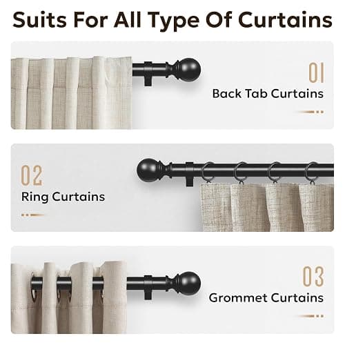 Zeerobee Curtain Rods for Windows 48 to 84, 1 Inch Adjustable Heavy Duty Black Curtain Rod, Outdoor Indoor Room Divider Modern Drapery Pole, 48-86" thumbnail 5