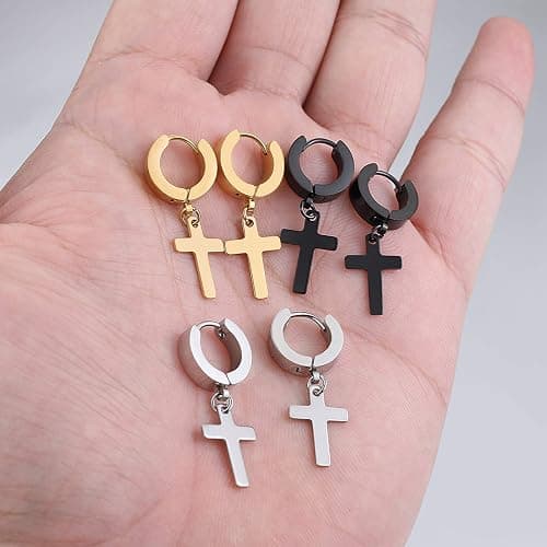 TXPFF Men Women Stainless Steel Cross Earrings Set Dangle Hinged Earrings of Dangle Hinged Earrings Cross hoop Earrings thumbnail 4