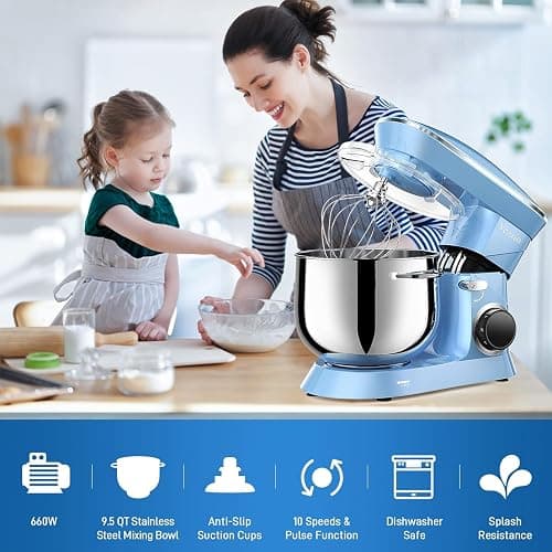 9.5 Qt Stand Mixer, 10-Speed Tilt-Head Food Mixer, Vezzio 660W Kitchen Electric Mixer with Stainless Steel Bowl, Dishwasher-Safe Attachments for Most Home Cooks (Blue) thumbnail 6