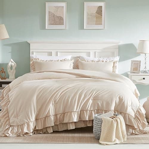 Cupocupa Beige Queen Comforter Set, 3Pcs Comforters Queen Size Ruffle Farmhouse Bedding Sets Queen with Comforter, Lightweight Soft Shabby Chic Bedding Comforter Set Fluffy for All Season - Queen - Beige thumbnail 2