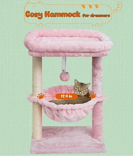 SYANDLVY Small Cat Tree for Indoor Cats, Activity Cat Tower with Scratching Post for Kittens, Modern Cat Furniture with Basket & Hanging Ball for Play Rest, Pink thumbnail 5