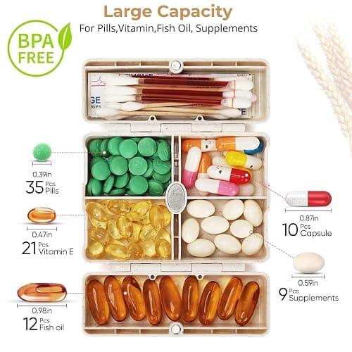 Zentiky Small Daily Pill Organizer with Labels, Medicine Pill Organizer Fit with Your Purse or Pocket for Travel to Hold Vitamin, Fish Oil, Supplement,Cotton Swabs, Bandages or Jewelry-Beige thumbnail 5
